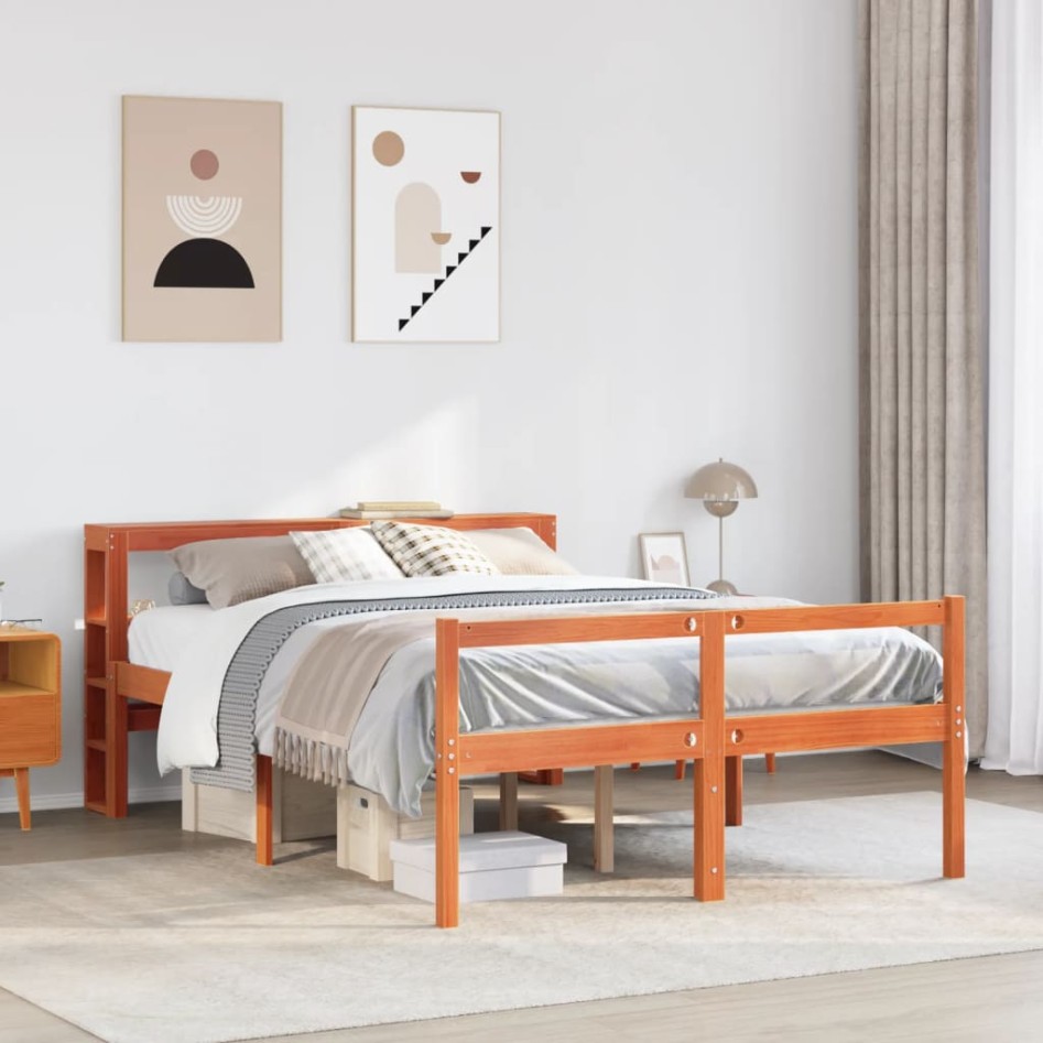 Estructura cama con cabecero madera pino marrón cera 135x190