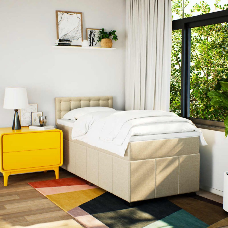 Cama box spring con colchón tela color crema 90x200