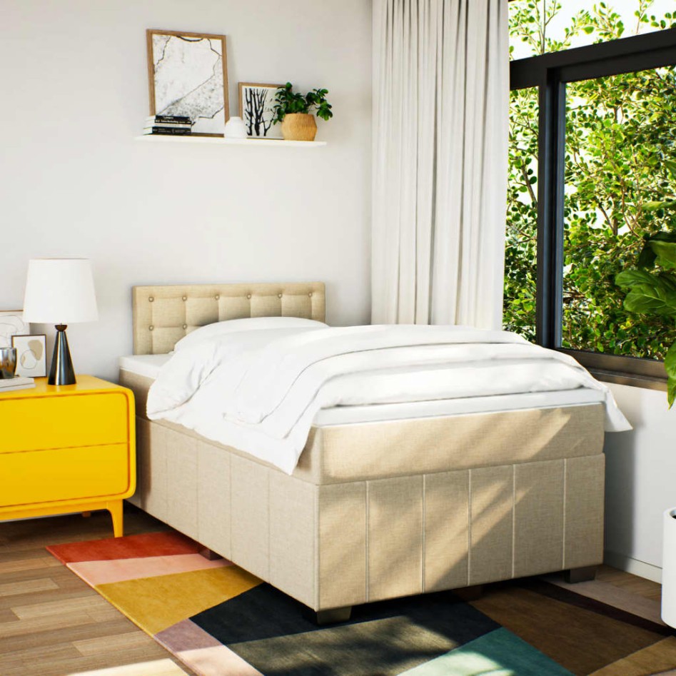 Cama box spring con colchón tela color crema 120x200