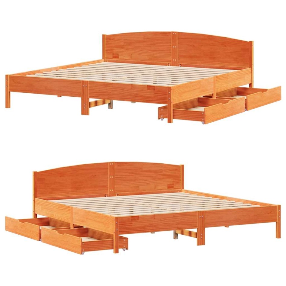 Cama sin colchón madera maciza de pino marrón cera 200x200