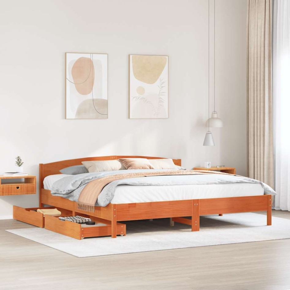 Cama sin colchón madera maciza de pino marrón cera 180x200