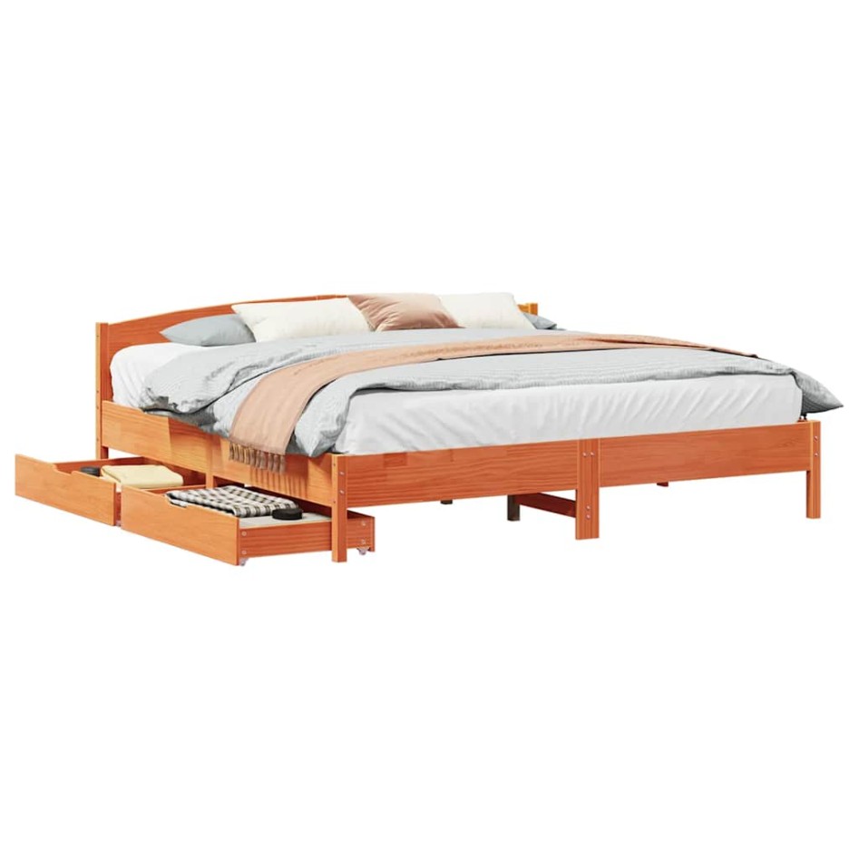 Cama sin colchón madera maciza de pino marrón cera 180x200