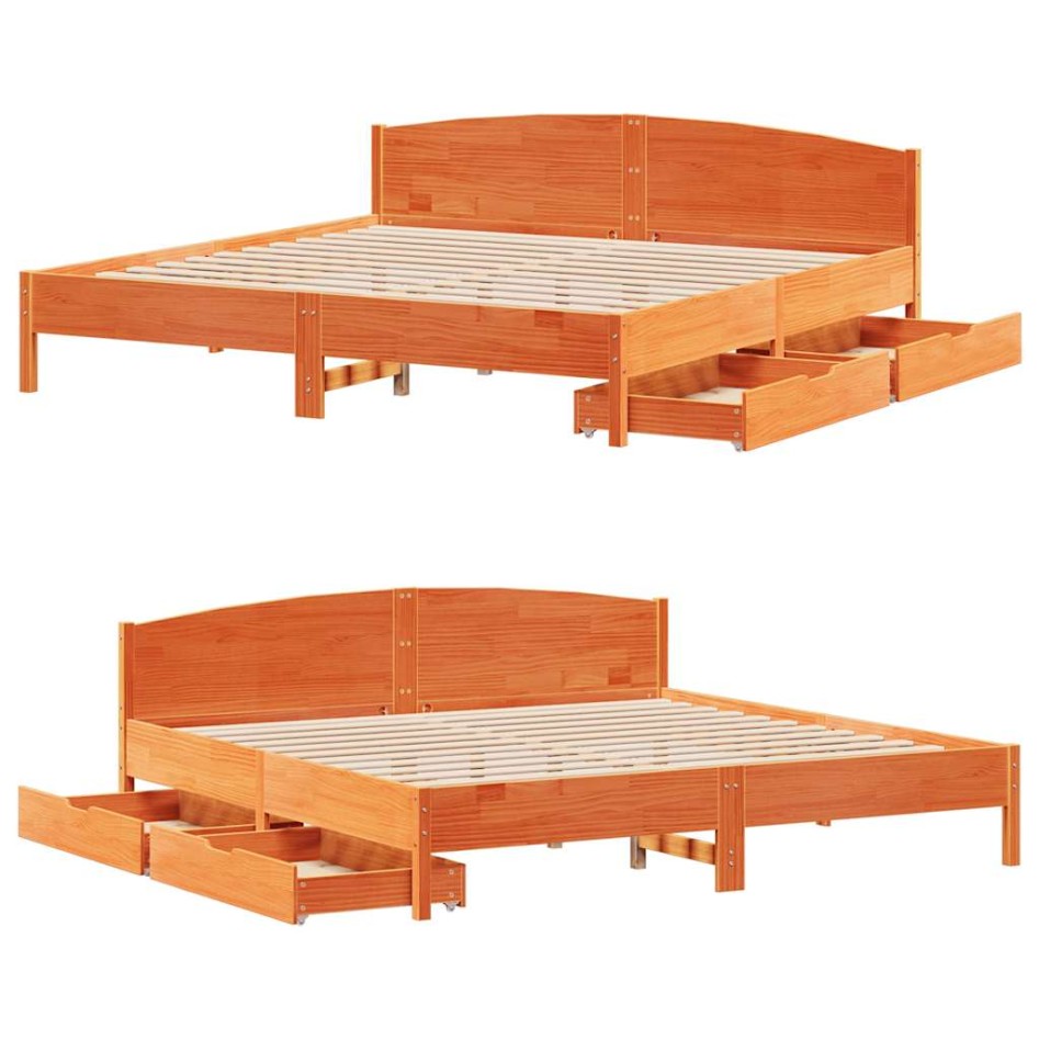 Cama sin colchón madera maciza de pino marrón cera 180x200