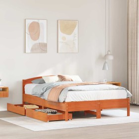 Cama sin colchón madera maciza de pino marrón cera 140x200