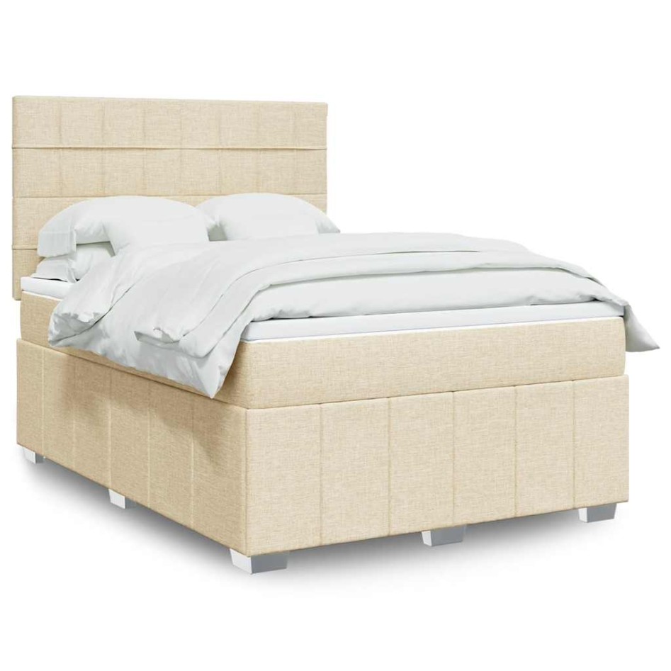 Cama box spring con colchón tela color crema 140x190