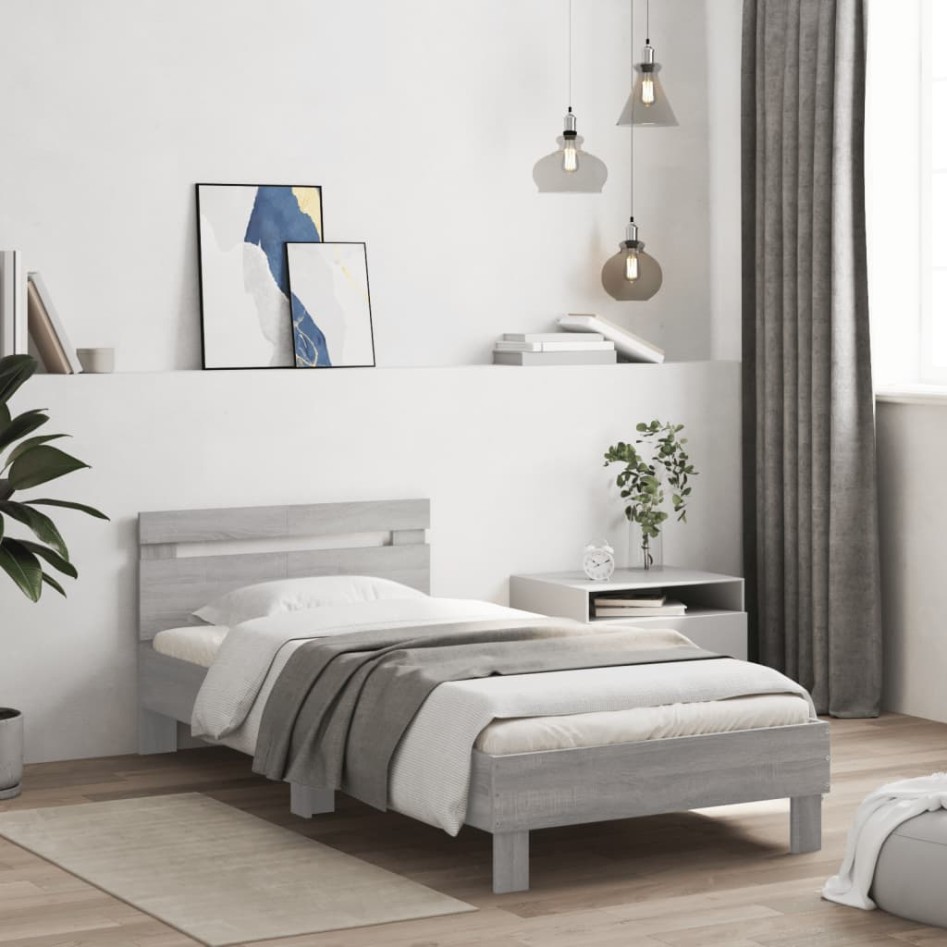 Cama con cabecero madera de ingeniería gris Sonoma 100x200