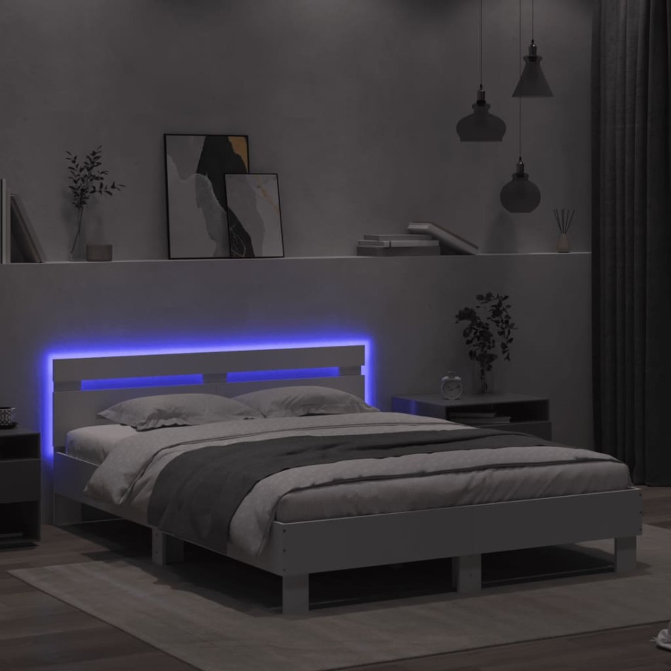 Estructura de cama con cabecero y luces LED blanco 150x200