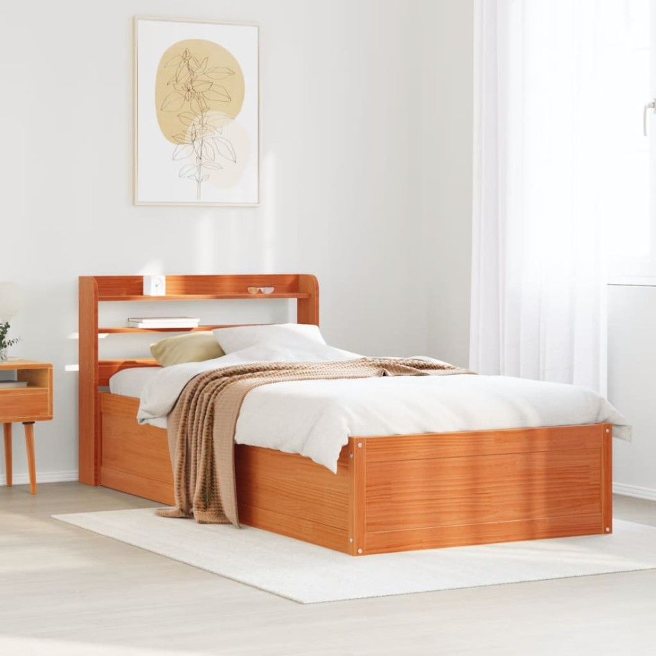 Estructura cama con cabecero madera pino marrón cera 90x190