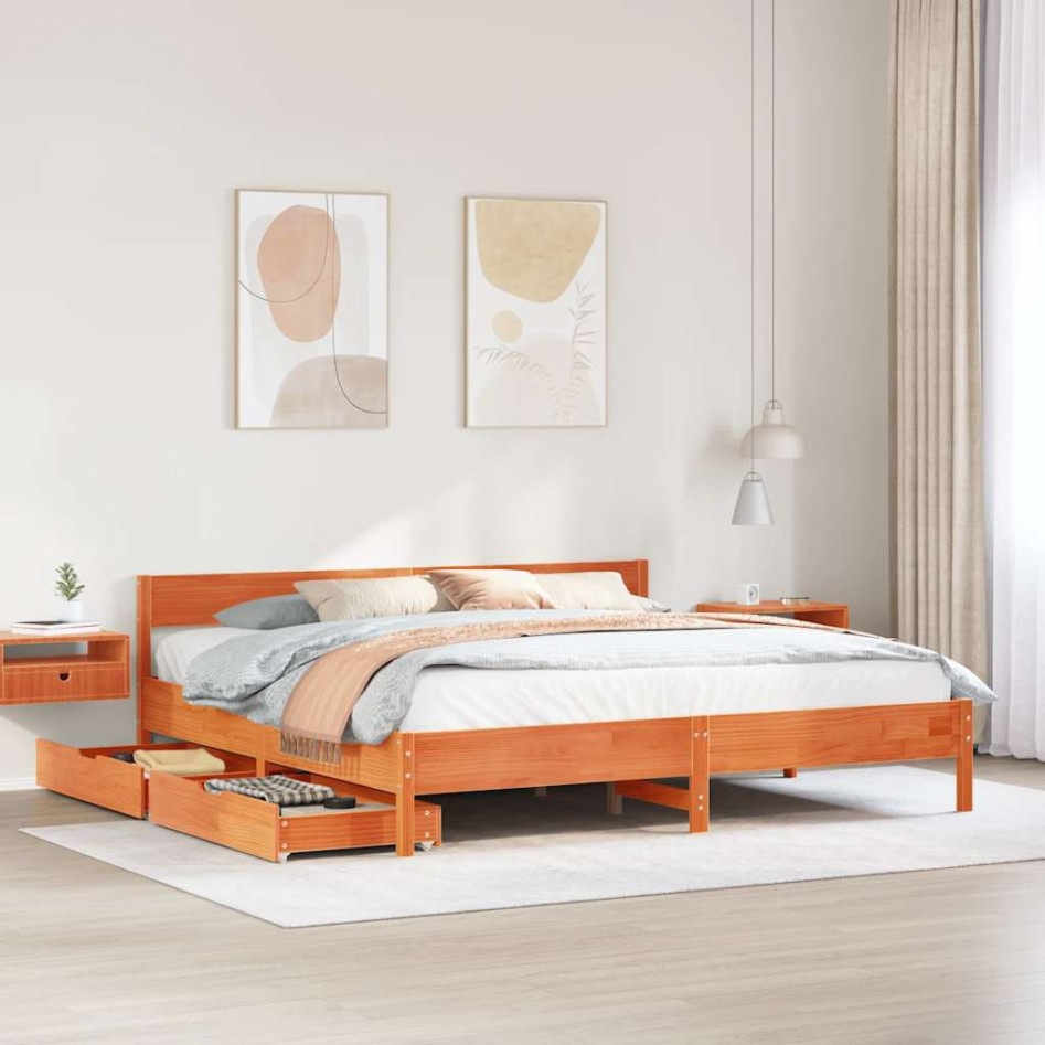 Cama sin colchón madera maciza de pino marrón cera 160x200