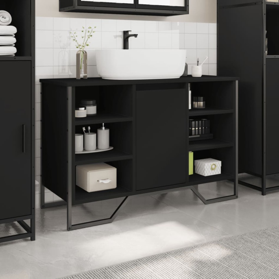 Armario de lavabo de baño madera ingeniería negro 91x35x60