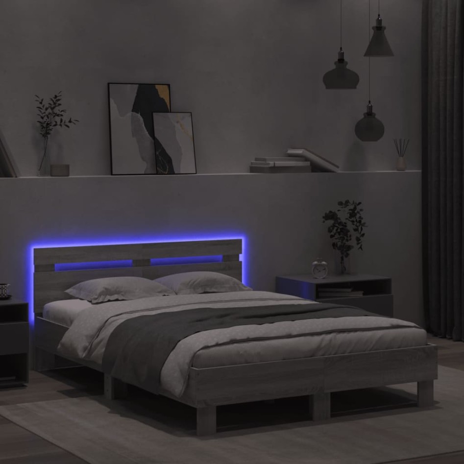Estructura de cama cabecero y luces LED gris Sonoma 135x190