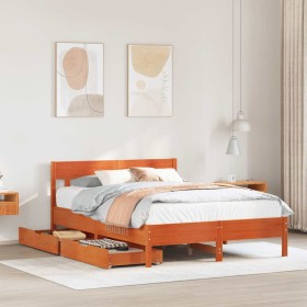 Cama sin colchón madera maciza de pino marrón cera 160x200