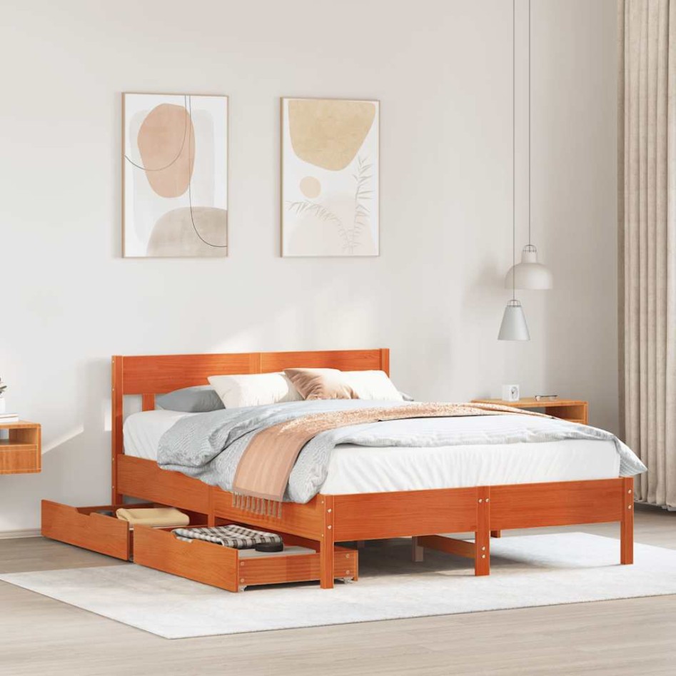 Cama sin colchón madera maciza de pino marrón cera 160x200