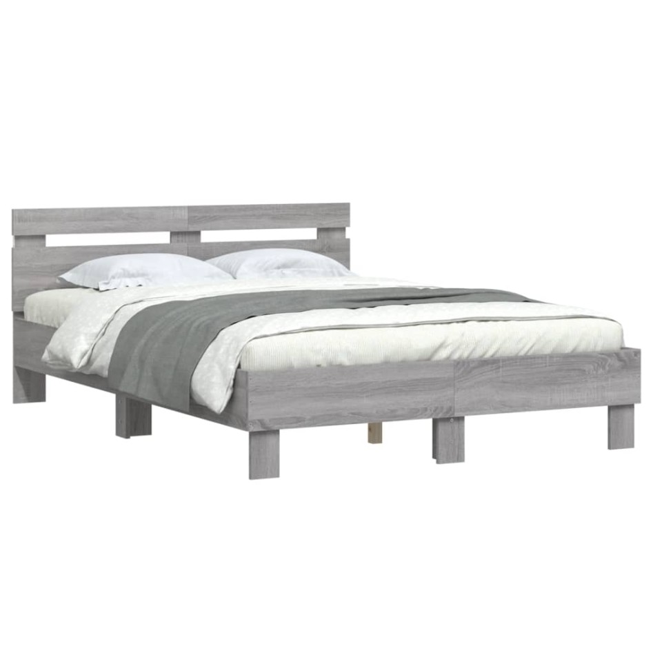 Estructura de cama cabecero y luces LED gris Sonoma 135x190