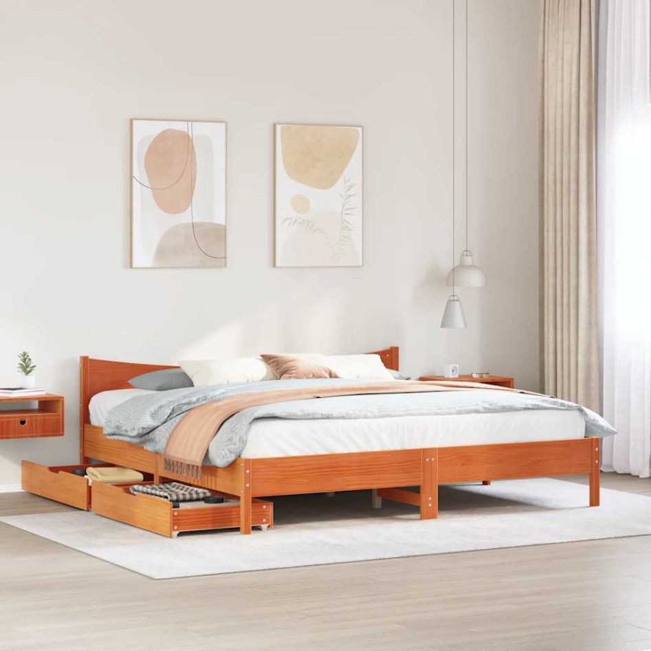 Estructura cama con cajones madera pino marrón cera 200x200