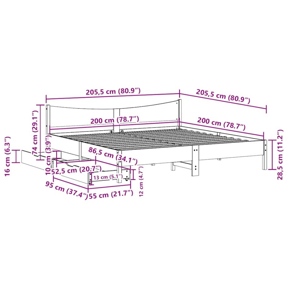Estructura cama con cajones madera pino marrón cera 200x200