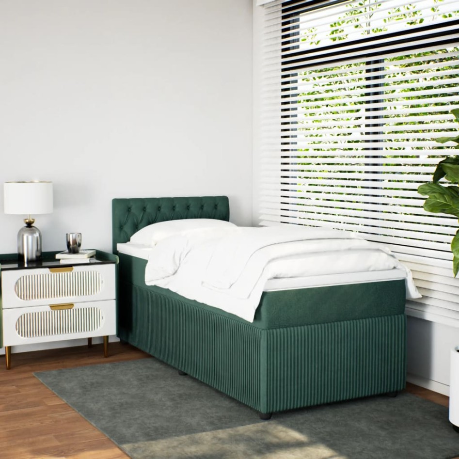 Cama box spring con colchón terciopelo verde oscuro 90x190