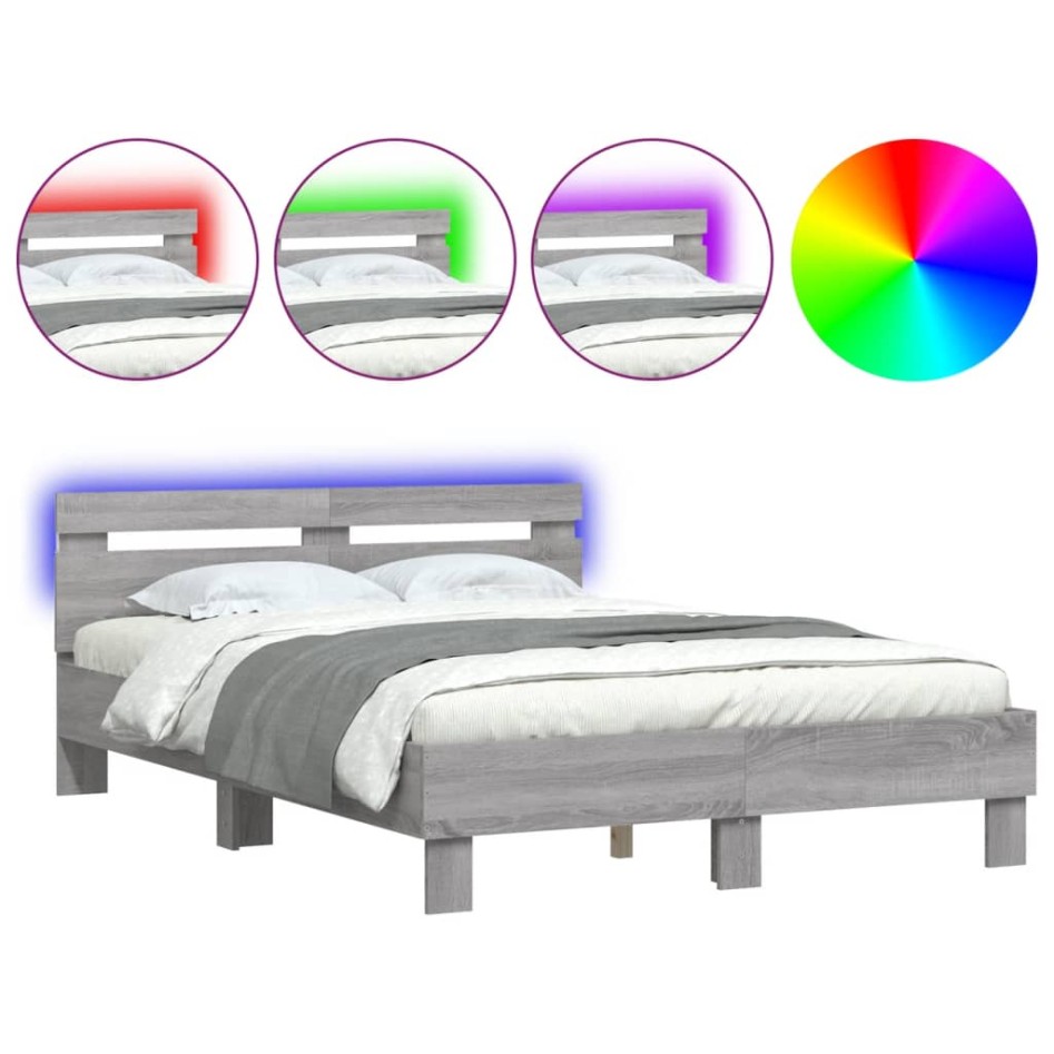 Estructura de cama cabecero y luces LED gris Sonoma 120x200