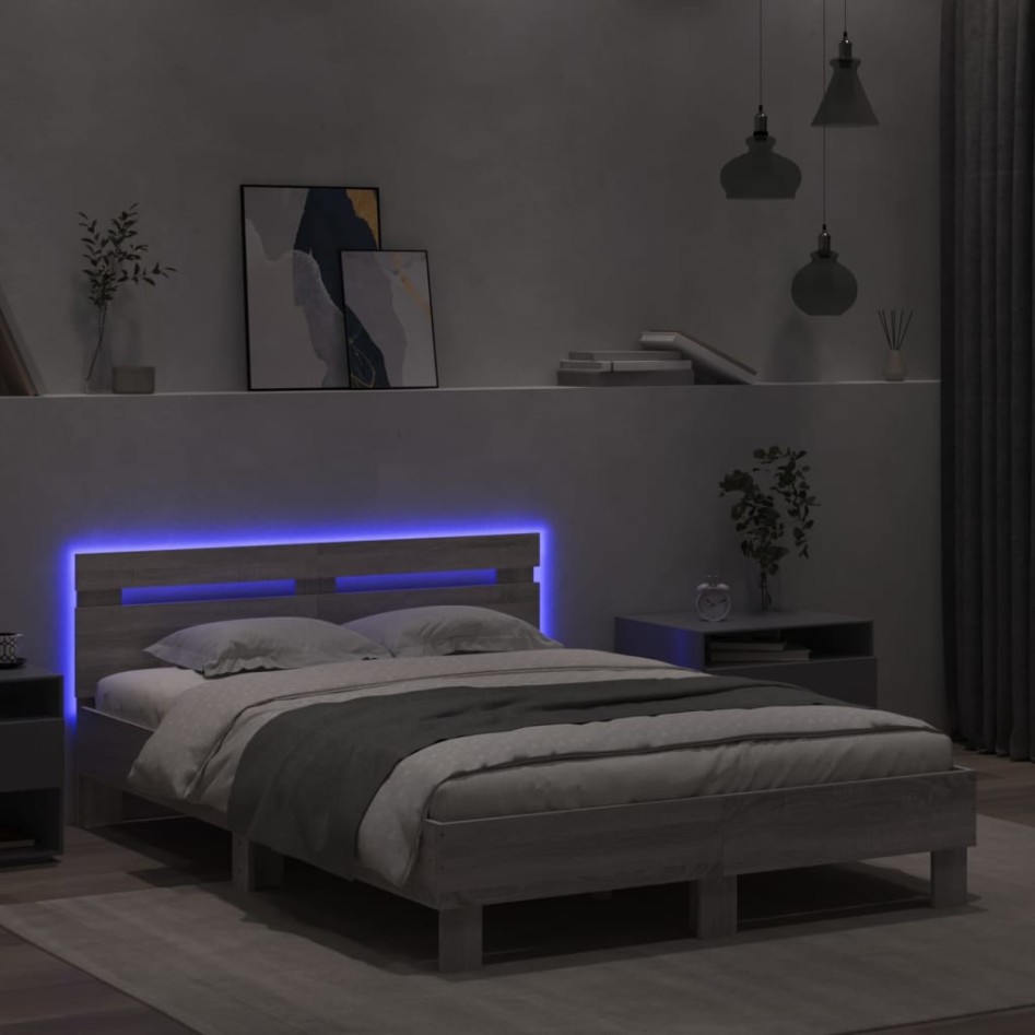 Estructura de cama cabecero y luces LED gris Sonoma 120x200