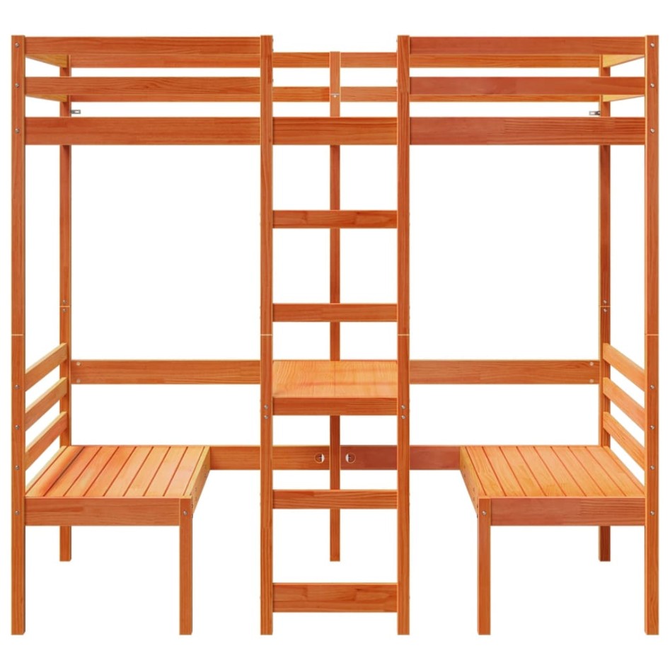 Cama alta escritorio y asientos madera maciza marrón 80x200