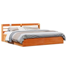 Estructura cama con cabecero madera pino marrón cera 180x200