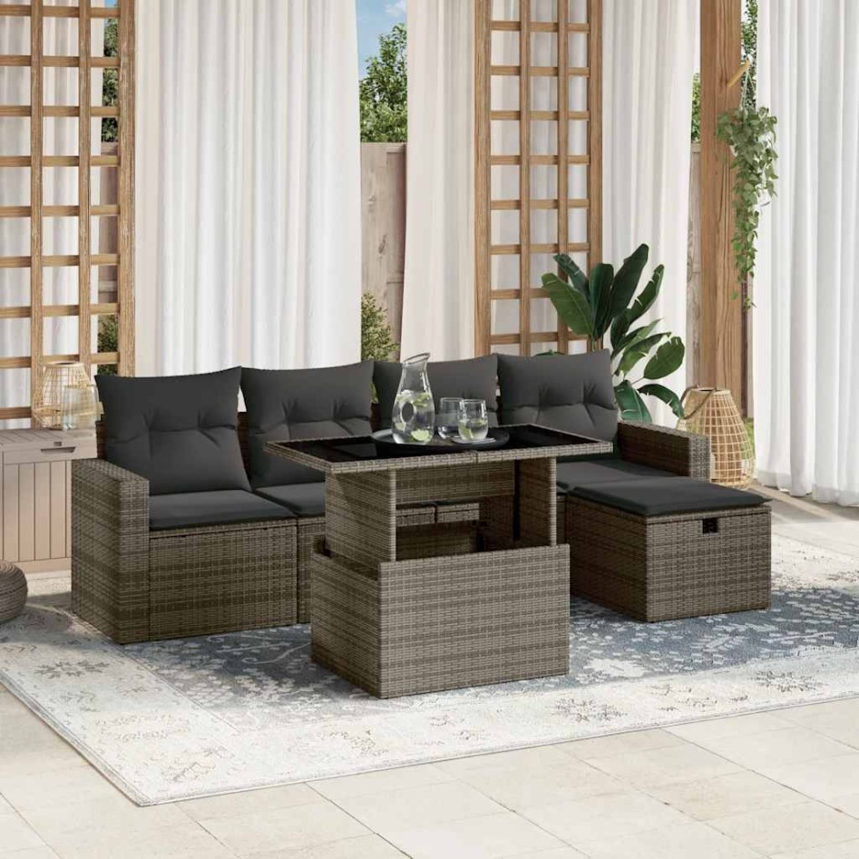 Set de muebles de jardín 6 pzas y cojines ratán sintético