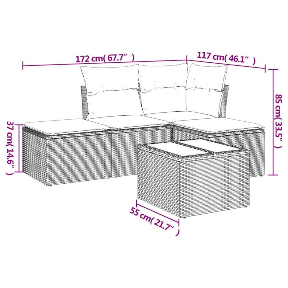 Set de sofás jardín y cojines 5 pzas ratán sintético gris