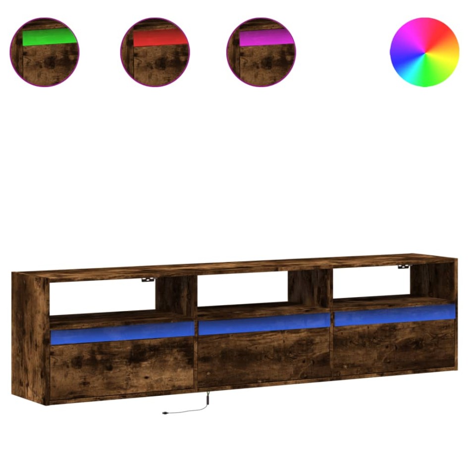 Mueble de TV de pared con LED roble ahumado 180x31x45