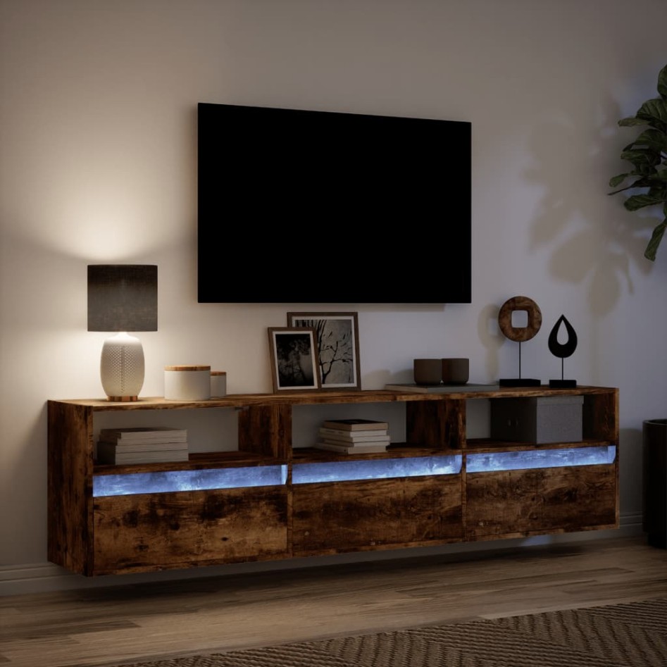 Mueble de TV de pared con LED roble ahumado 180x31x45