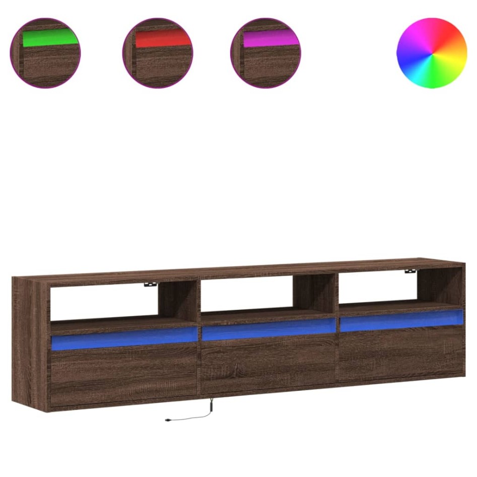 Mueble de TV de pared con LED marrón roble 180x31x45