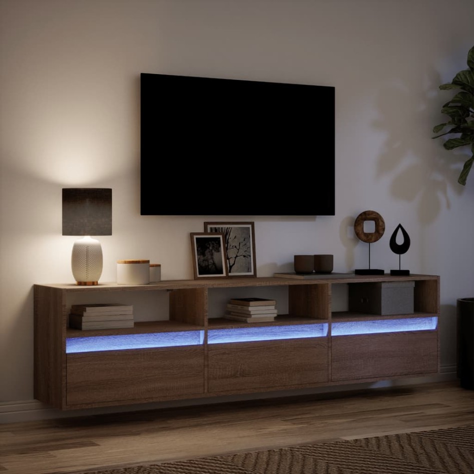 Mueble de TV de pared con LED marrón roble 180x31x45