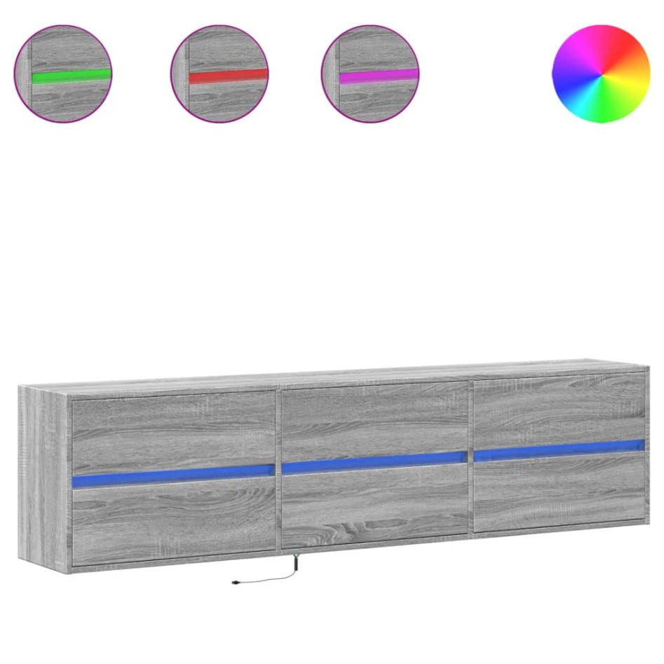 Mueble de TV de pared con LED gris Sonoma 180x31x45