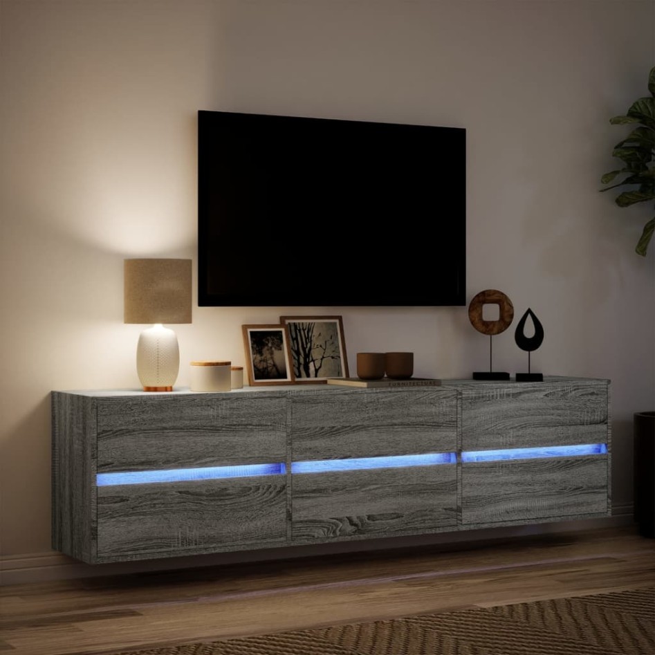 Mueble de TV de pared con LED gris Sonoma 180x31x45