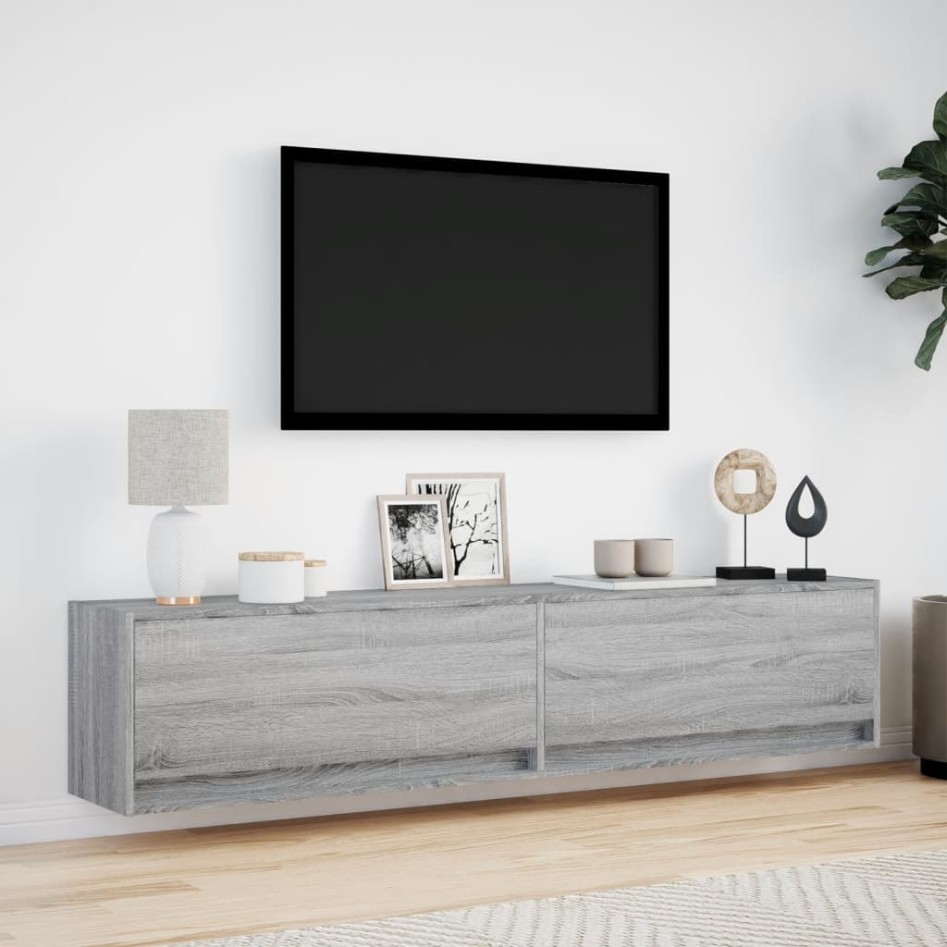 Mueble de TV de pared con LED gris Sonoma 180x31x38