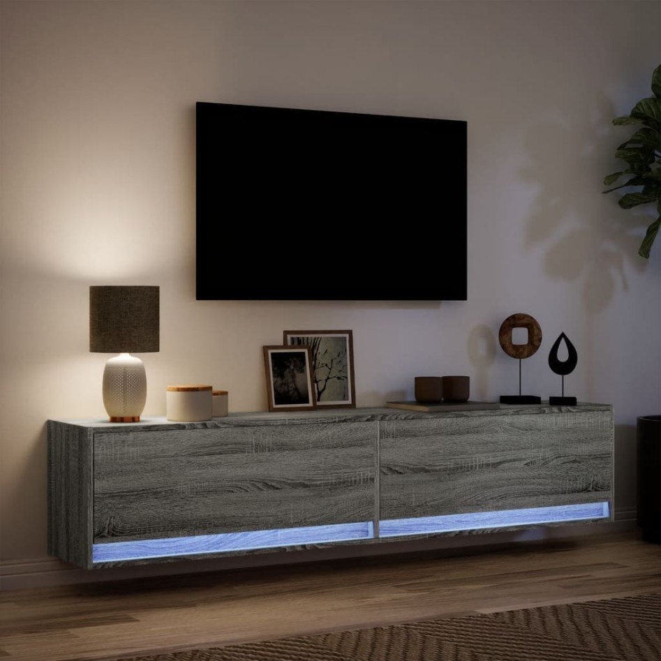 Mueble de TV de pared con LED gris Sonoma 180x31x38
