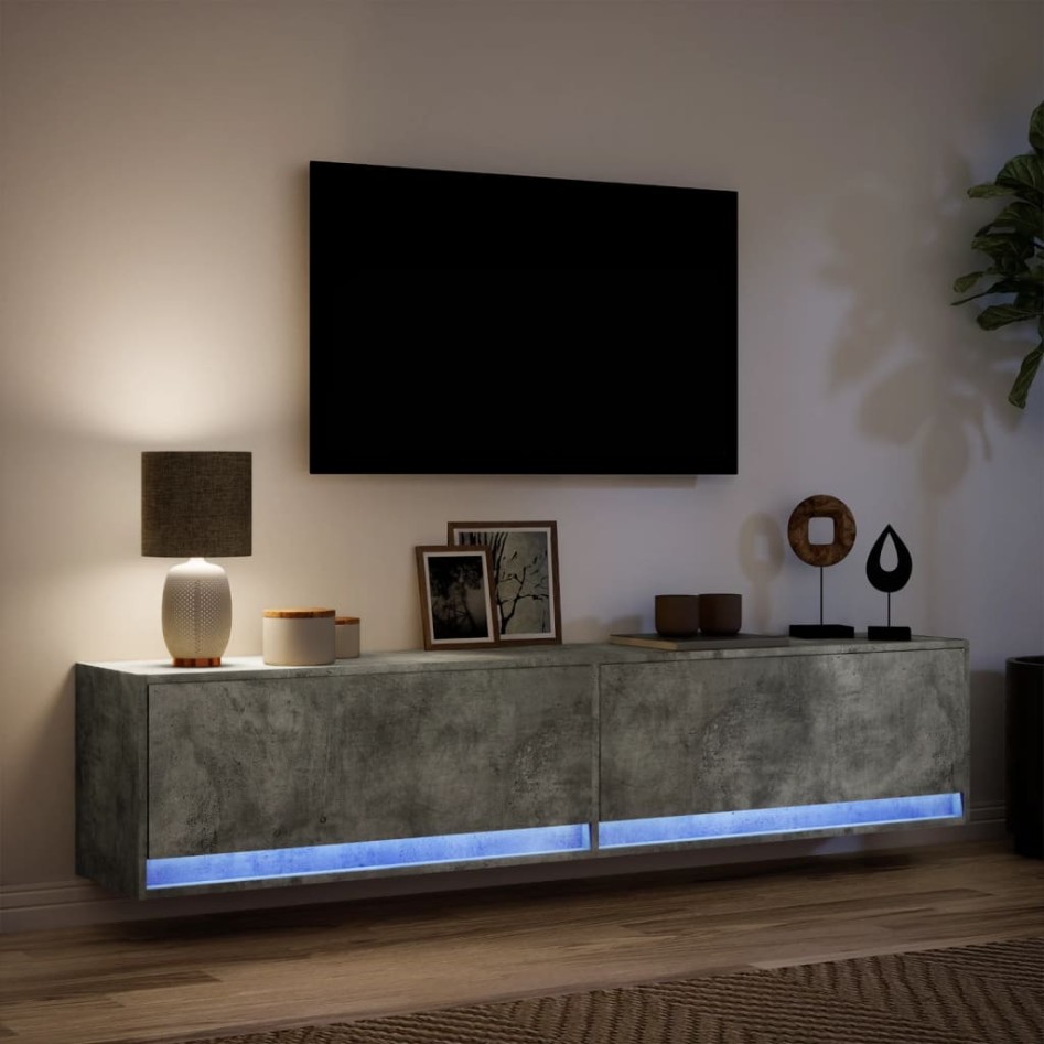 Mueble de TV de pared con LED gris hormigón 180x31x38