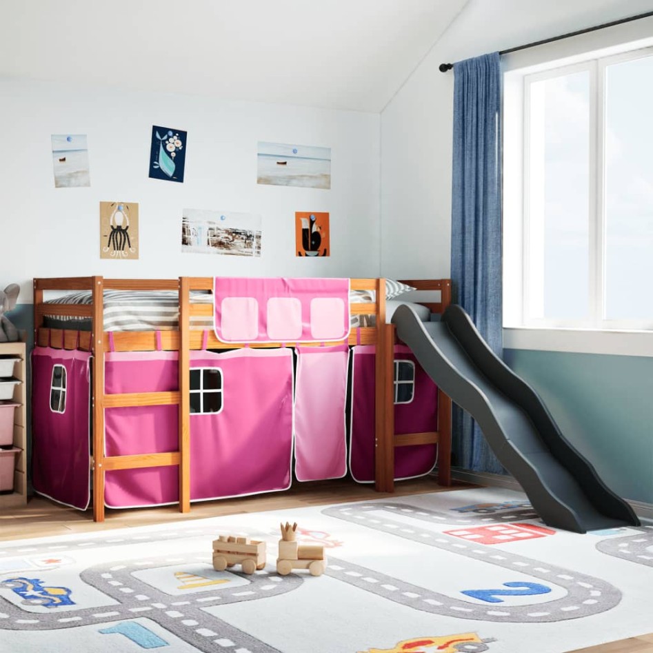 Cama alta para niños con cortinas madera pino rosa 80x200
