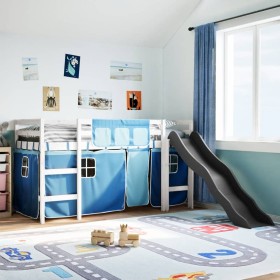 Cama alta para niños con cortinas madera pino azul 90x200