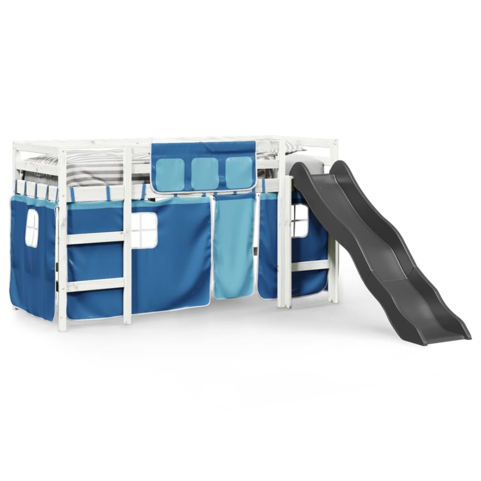 Cama alta para niños con cortinas madera pino azul 90x200