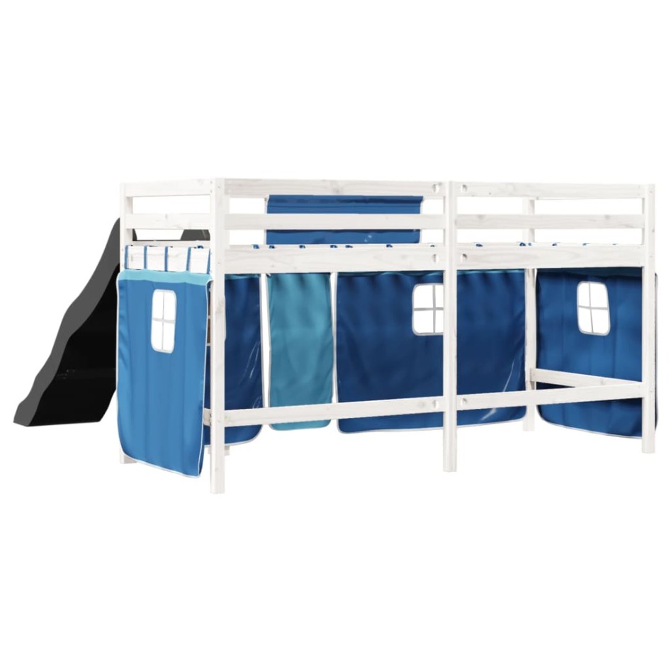 Cama alta para niños con cortinas madera pino azul 90x200