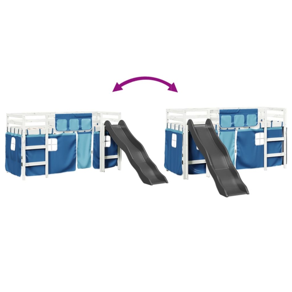 Cama alta para niños con cortinas madera pino azul 90x200