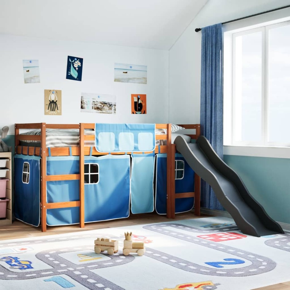 Cama alta para niños con cortinas madera pino azul 90x190