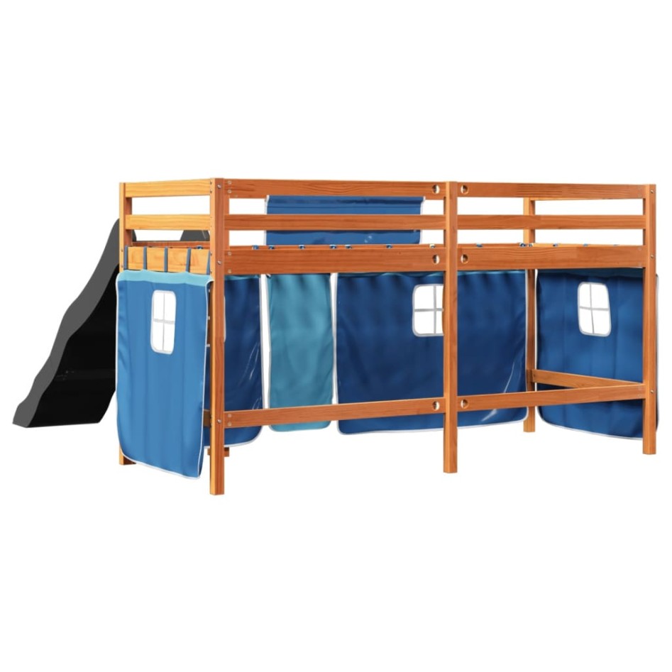 Cama alta para niños con cortinas madera pino azul 90x190