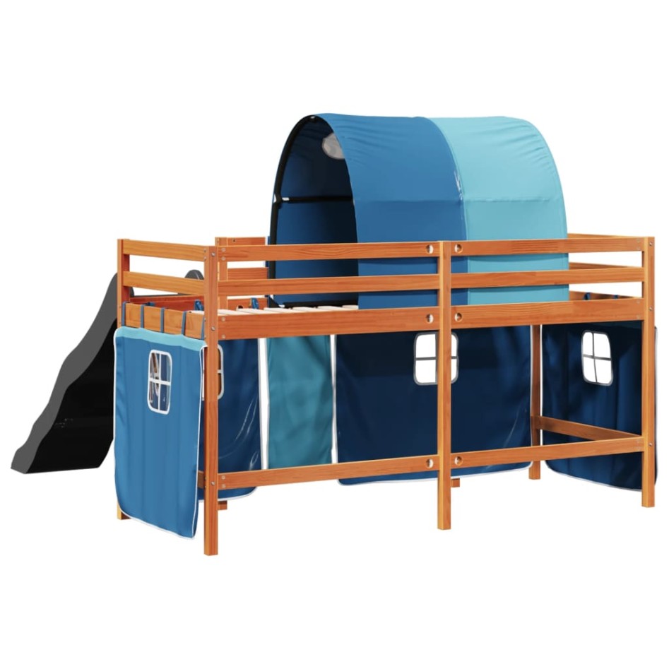Cama alta para niños con túnel madera pino azul 90x190