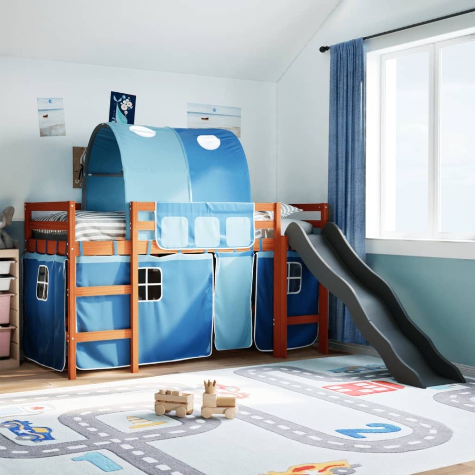 Cama alta para niños con túnel madera pino azul 90x200
