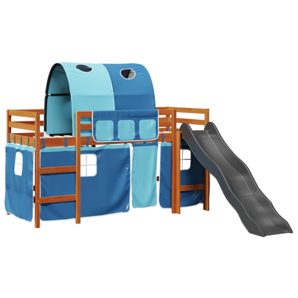 Cama alta para niños con túnel madera pino azul 90x200