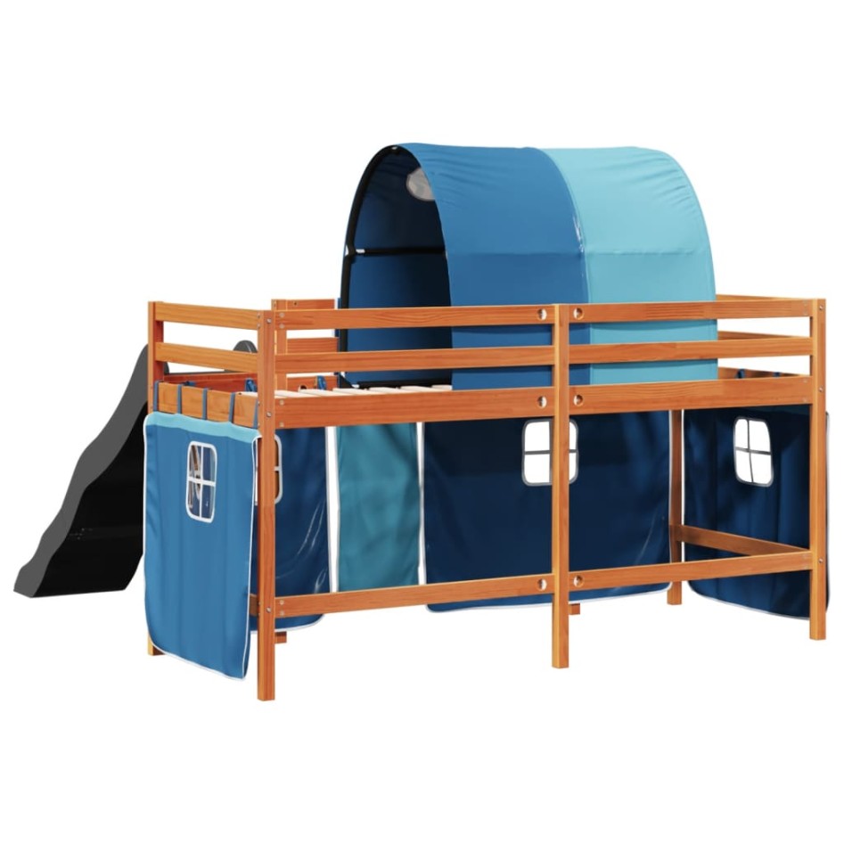 Cama alta para niños con túnel madera pino azul 90x200