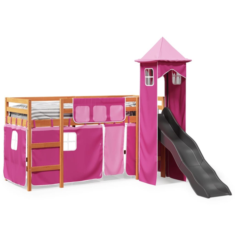 Cama alta para niños con torre madera pino rosa 90x200