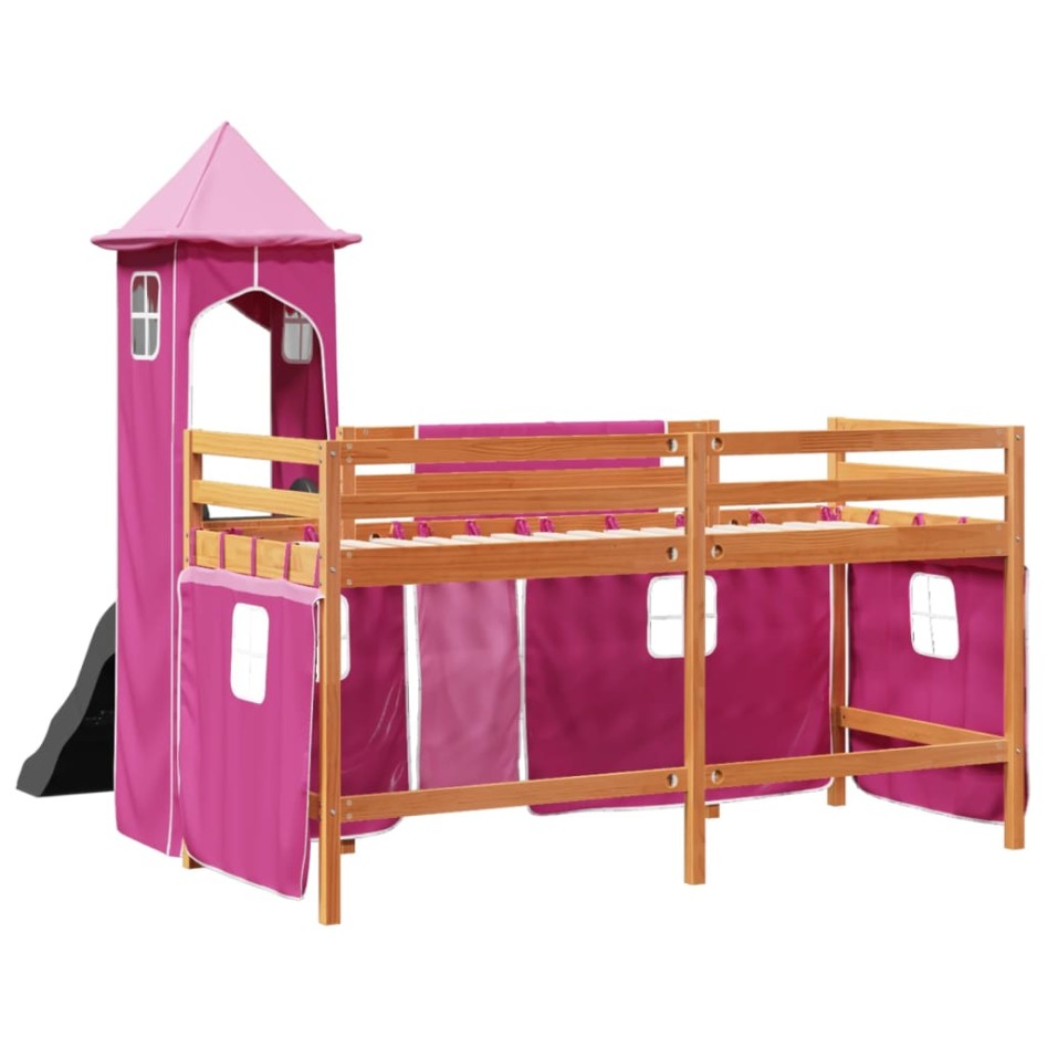 Cama alta para niños con torre madera pino rosa 90x200