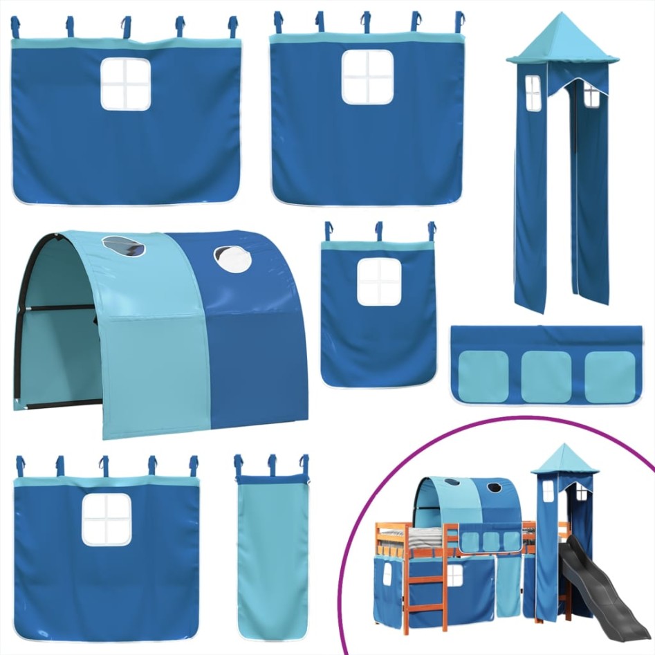 Cama alta para niños con torre madera pino azul 90x200